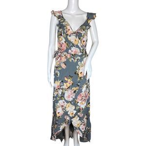 Privacy‎ Please Dress Womens Large Gray Pink Fillmore Floral Wrap Dress Ruffle
